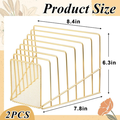 2 Pcs 7 Section Wire File Organizer for Desk, Metal Mesh Incline File Holder, Letter & Magazine Folder Rack, Desktop Paper Sorter for Home Office School (Golden)