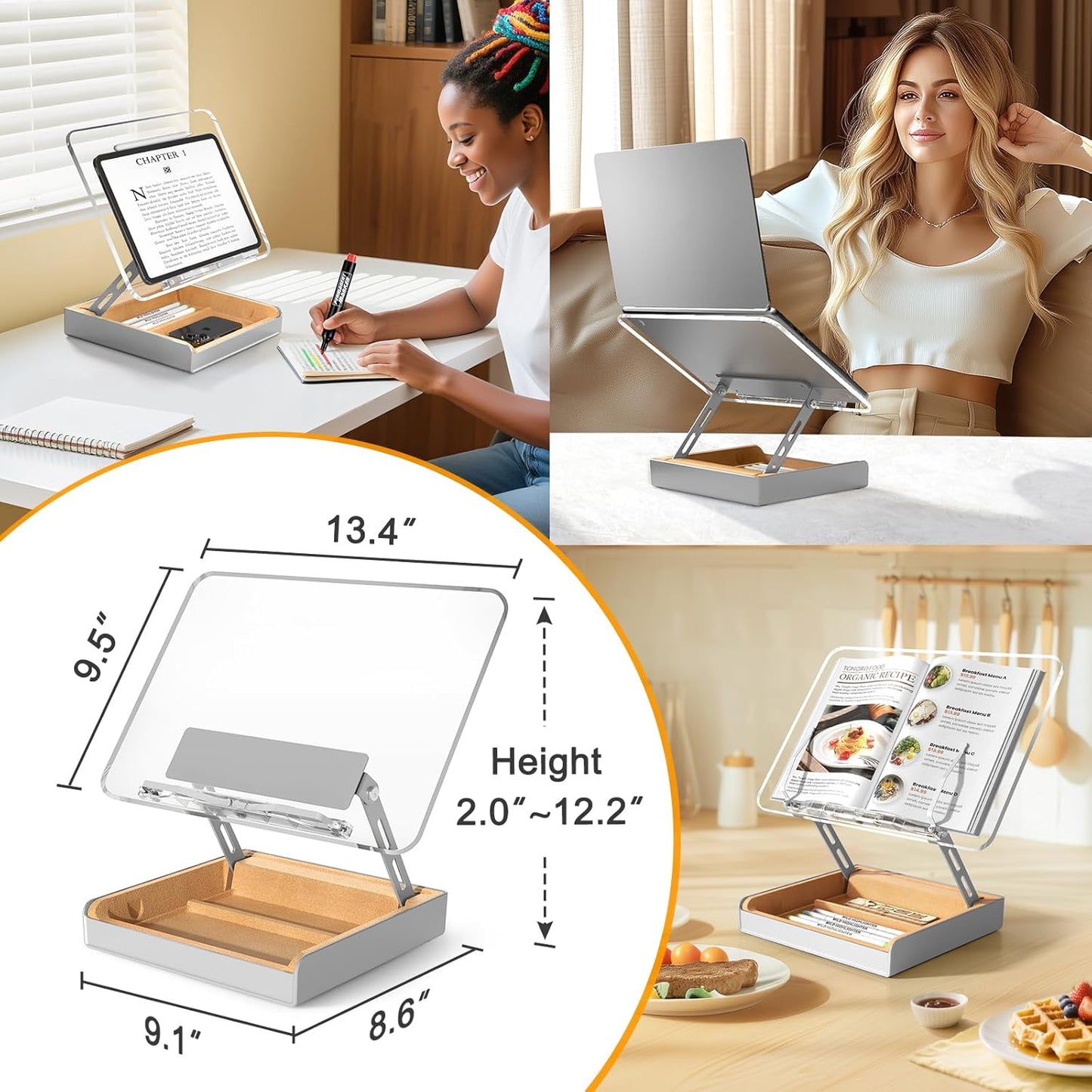 Book Stand with Storage, Book Holder for Reading Hands Free, Wooden Cookbook Stand for Kitchen Counter, Adjustable Reading Stand for Desk, Recipe Stand, Book Prop for Book Lovers