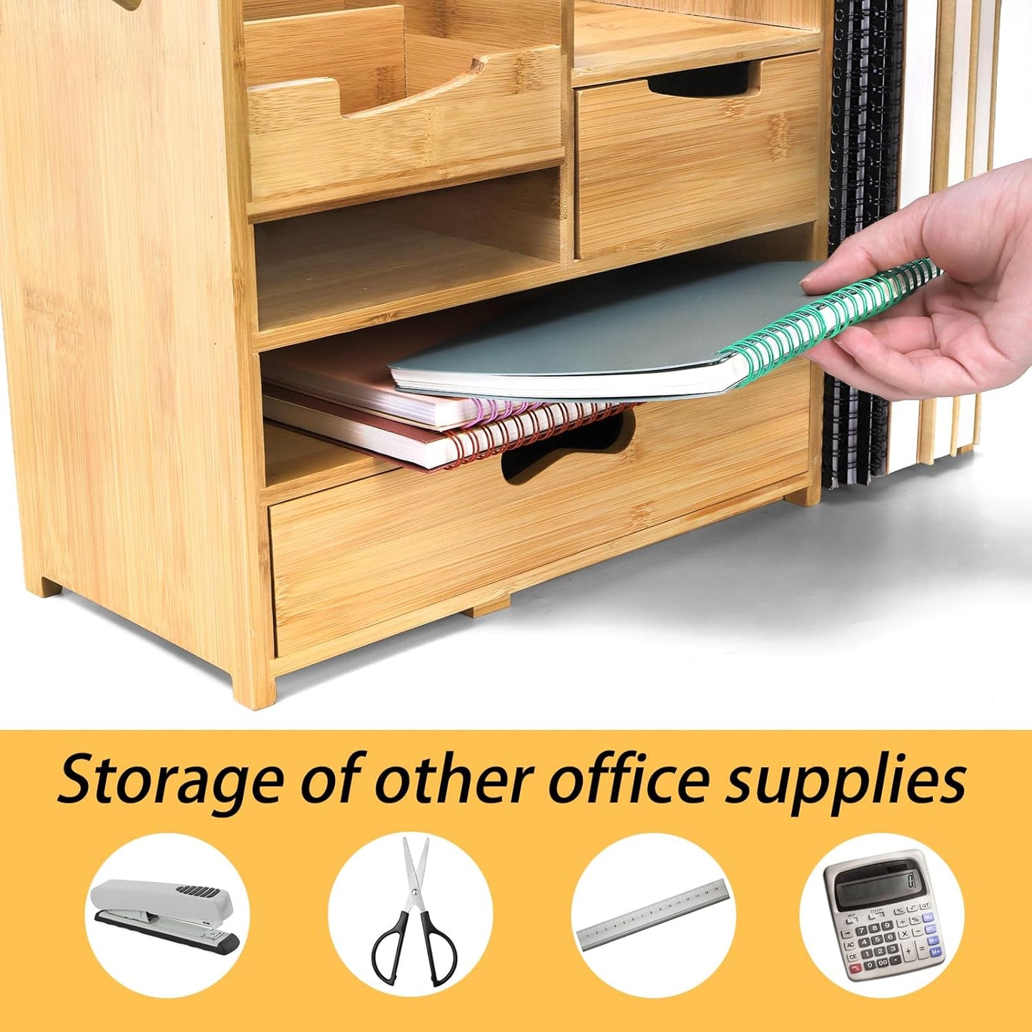 ZOOFOX Bamboo Desk Organizer with Adjustable File Holder, Mail Organizer Countertop with Drawer, 4-Tier Desktop Organization and Desk Accessories for Home Office School Supplies, No Assembly Required