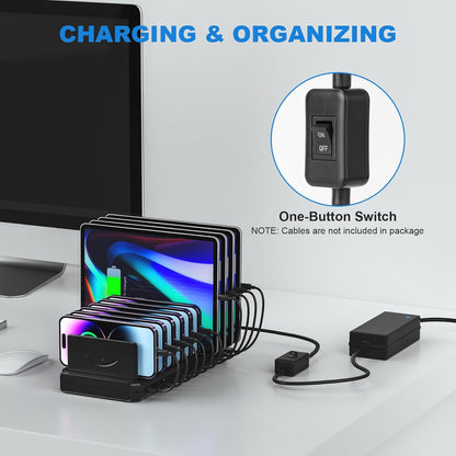 Charging Station for Multiple Devices, Cinlinso 60W 10 Port USB Fast Charging Station with Adjustable Dividers, Compatible with iPhone, iPad, Tablets and Cell Phone (Black)