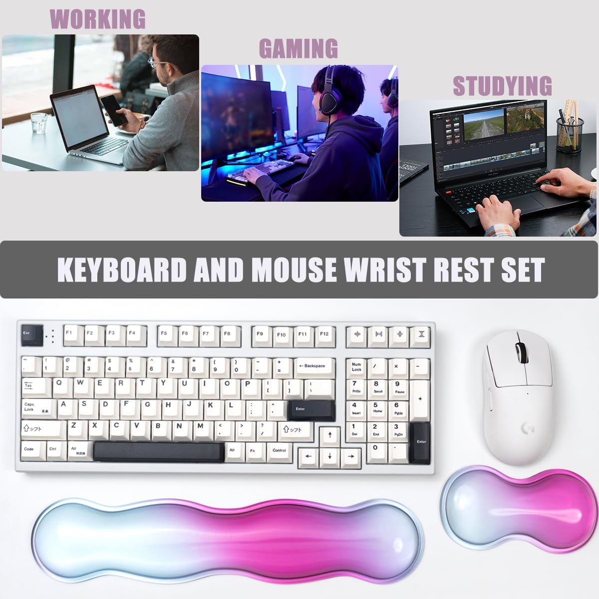 Ergonomic Gel Keyboard and Mouse Wrist Rest Set – Clear Wrist Rest for Computer Keyboard 60%/68%/75%, Comfort & Support for Typing and Gaming (Grey Purple)