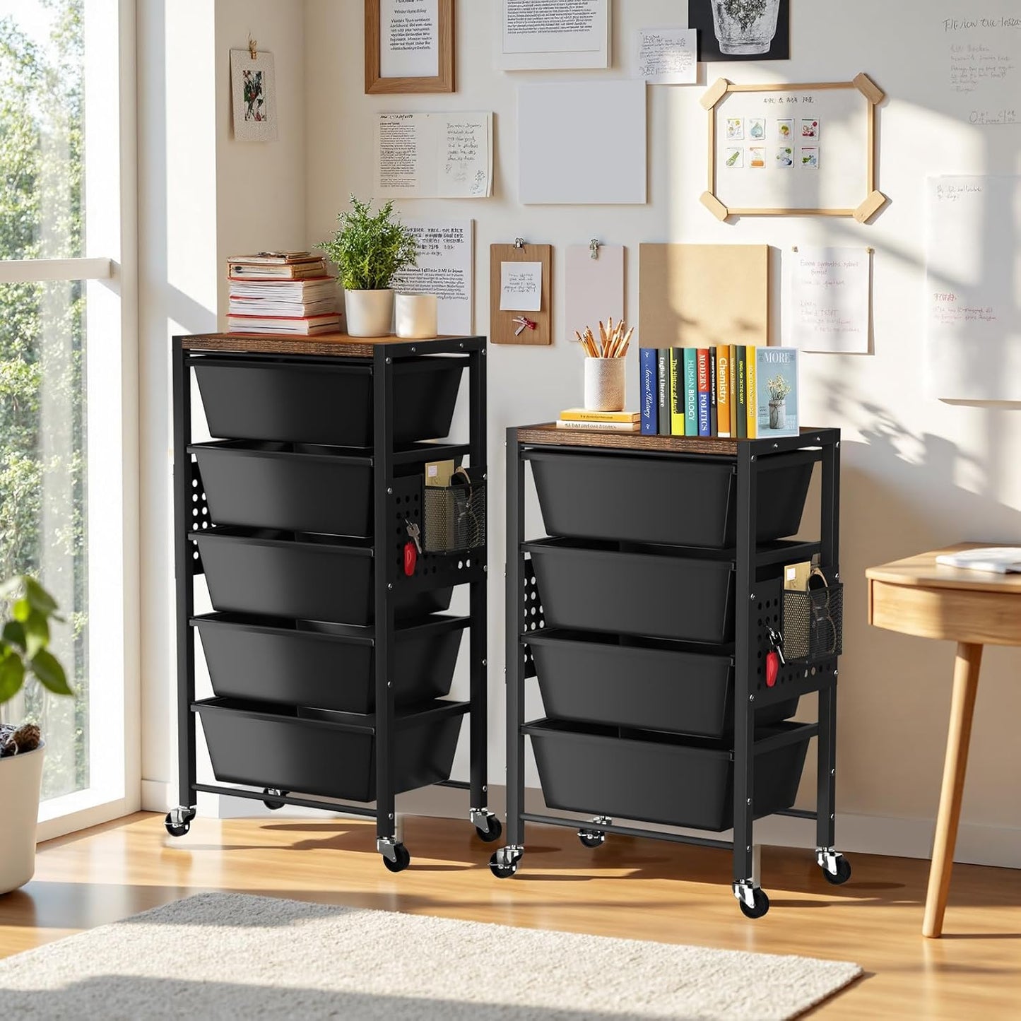 Rolling Cart with 3 Drawers, Plastic Drawer Storage Carts with Lockable Wheels & Wooden Tabletop, Metal Utility Cart Organizer, Office Bedroom Classroom Craft Organization and Storage, Bright White