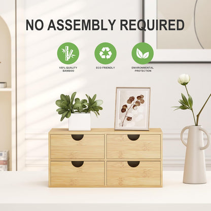 Bamboo Desk Organizer with Drawers - Small Desktop Storage Container for Countertop & Tabletop - No Assembly Required