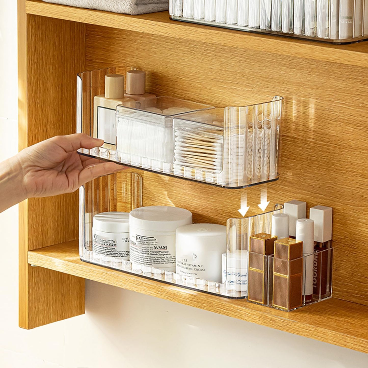MORNITE Bathroom Medicine Cabinet Organizer Set, Narrow Compact Makeup Shelves Holder for Lipstick, Cosmetic, 2 Pcs Trays for Cabinet Door Wall, Vanity - Clear