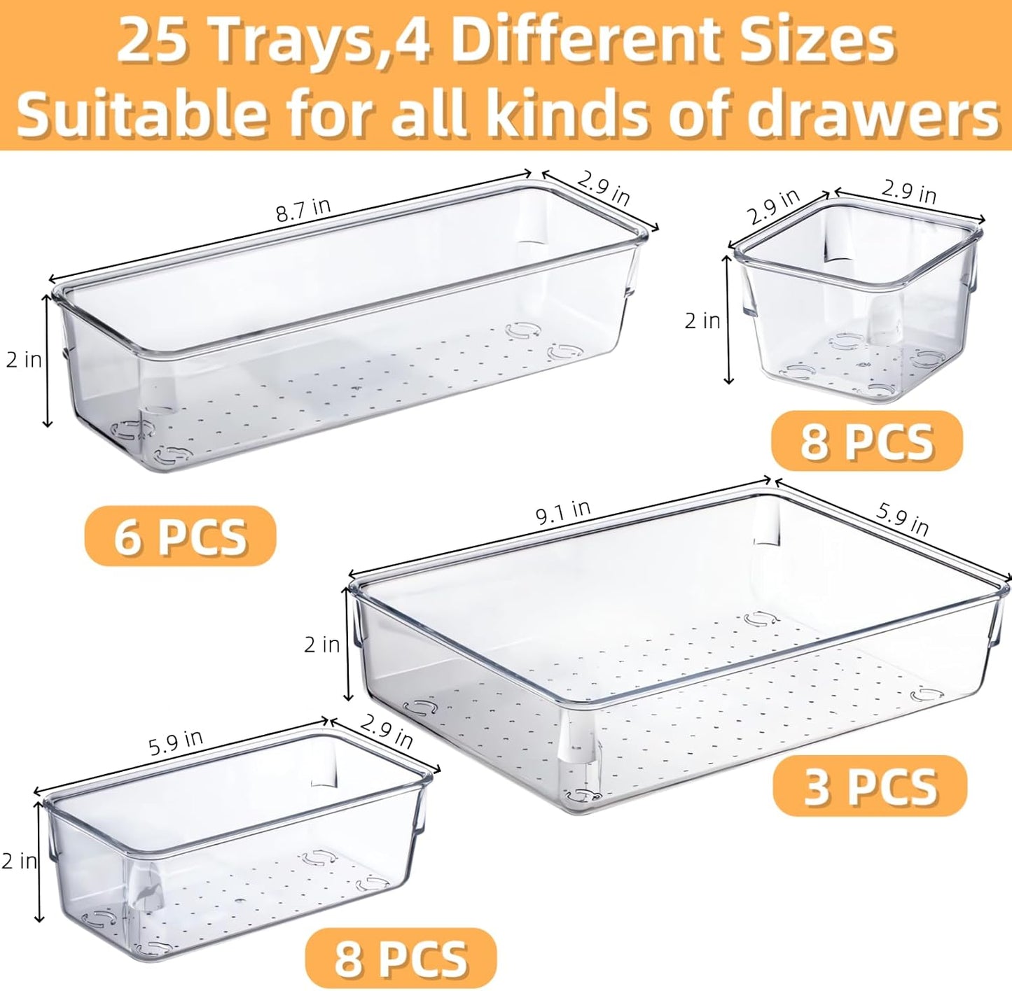 Drawer Organizer, Makeup Organizer, Desk Drawer Organizer, Acrylic Storage Bins for Makeup, Skincare, Jewelry, Office Supplies Used in Vanity, Kitchen, Bedroom, Bathroom, Office - 25pcs
