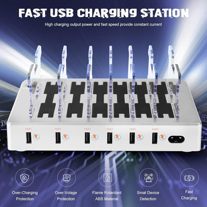 Charging Station for Multiple Devices, 6-Port USB Fast Charger with 6 Mixed Cables, Multi-Device Charging Dock for iPhone, iPad, Android Phones, Tablets, Kindle (Silver, Desktop & Wall Mount)