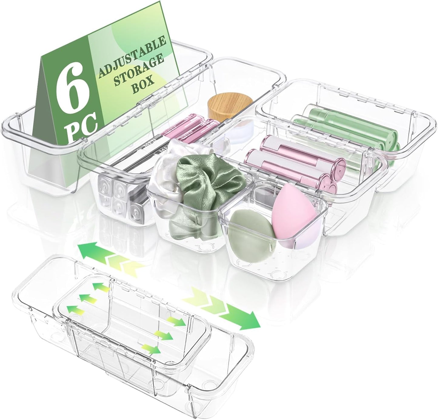 6 Pcs Clear Drawer Organizer, Adjustable Storage Bins (2 Sizes), Desk and Dresser Organizers for Makeup, Cosmetics, Kitchen Utensils, Bedroom, and Gadgets