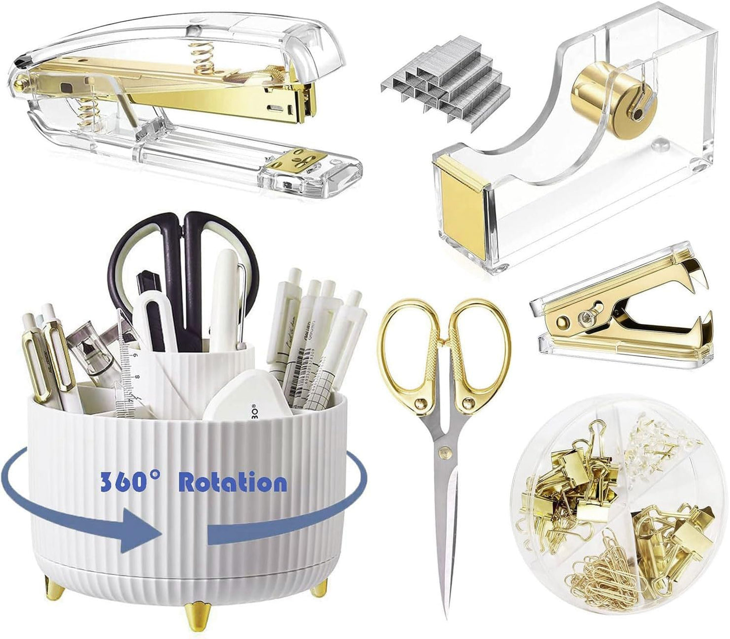 Gawsey Gold Desk Organizers and Accessories Set with 360-Degree Rotating Pen Holder, Acrylic Stapler, Tape Holder, Staple Remover, Binder/Paper Clips Kit, Scissor and 1 Box of Staples