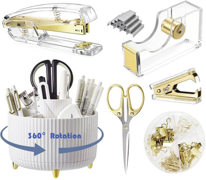 Gawsey Gold Desk Organizers and Accessories Set with 360-Degree Rotating Pen Holder, Acrylic Stapler, Tape Holder, Staple Remover, Binder/Paper Clips Kit, Scissor and 1 Box of Staples