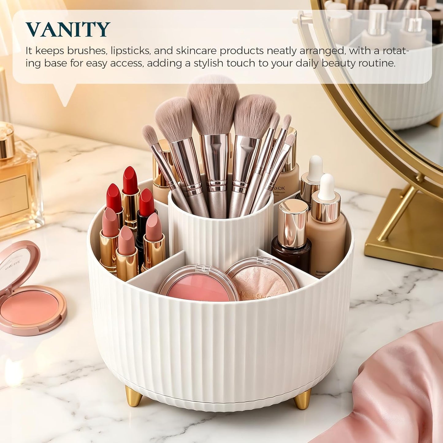 KONVINIT Pencil Pen Holder for Desk, 5 Slots 360 - Degree Rotating Desktop Organizer, Cute Desk Organizers and Accessories for School, Home, Office and Art Supply, Beige