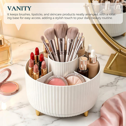 KONVINIT Pencil Pen Holder for Desk, 5 Slots 360 - Degree Rotating Desktop Organizer, Cute Desk Organizers and Accessories for School, Home, Office and Art Supply, Beige