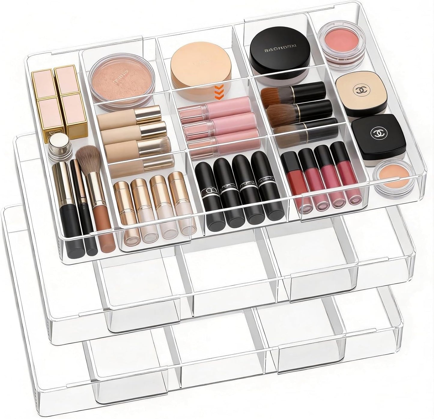 Acrylic Expandable Desk Drawer Organizer with 11 Adjustable Compartments and 6 Removable Dividers Desk Accessories for Office Kitchen Bathroom Makeup and Utensil Junk Storage (Clear, 2Pcs)