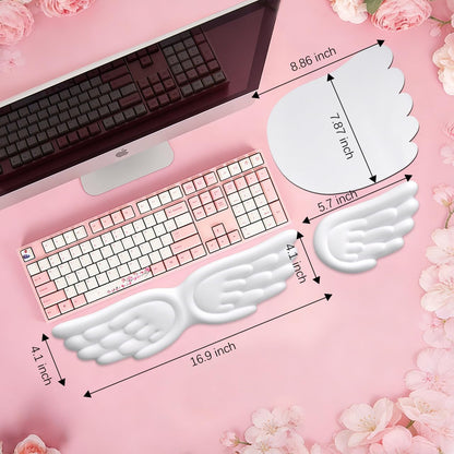 JIKIOU Angel Wing Wrist Rest Ergonomic Memory Foam Wrist Rest for Computer Keyboard Mouse Set, Cute Leather Keyboard & Mouse Support with PU Anti-Slip Base Waterproof White