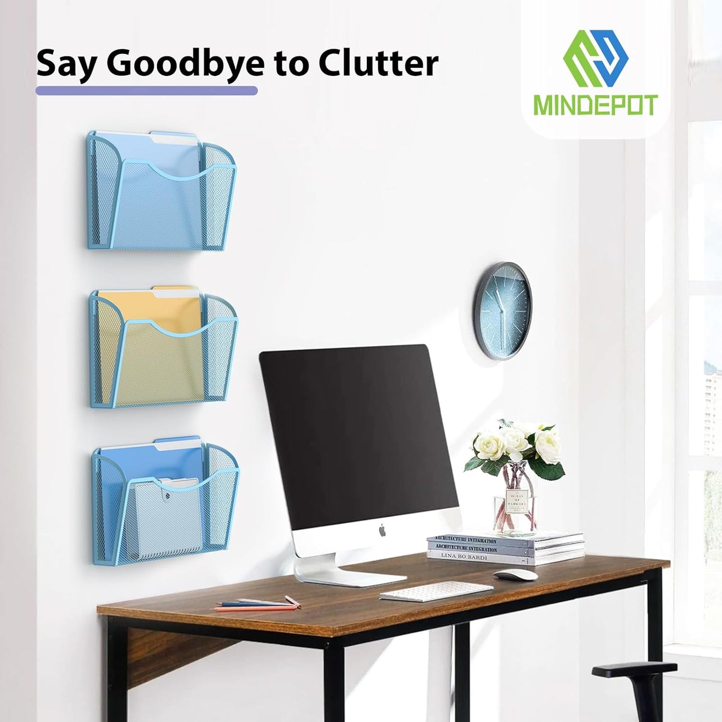 MINDEPOT Wall File Organizer,Hanging Wall Mounted File Folder Binder Holder Mail Organizer for Office,Home and School Supplies