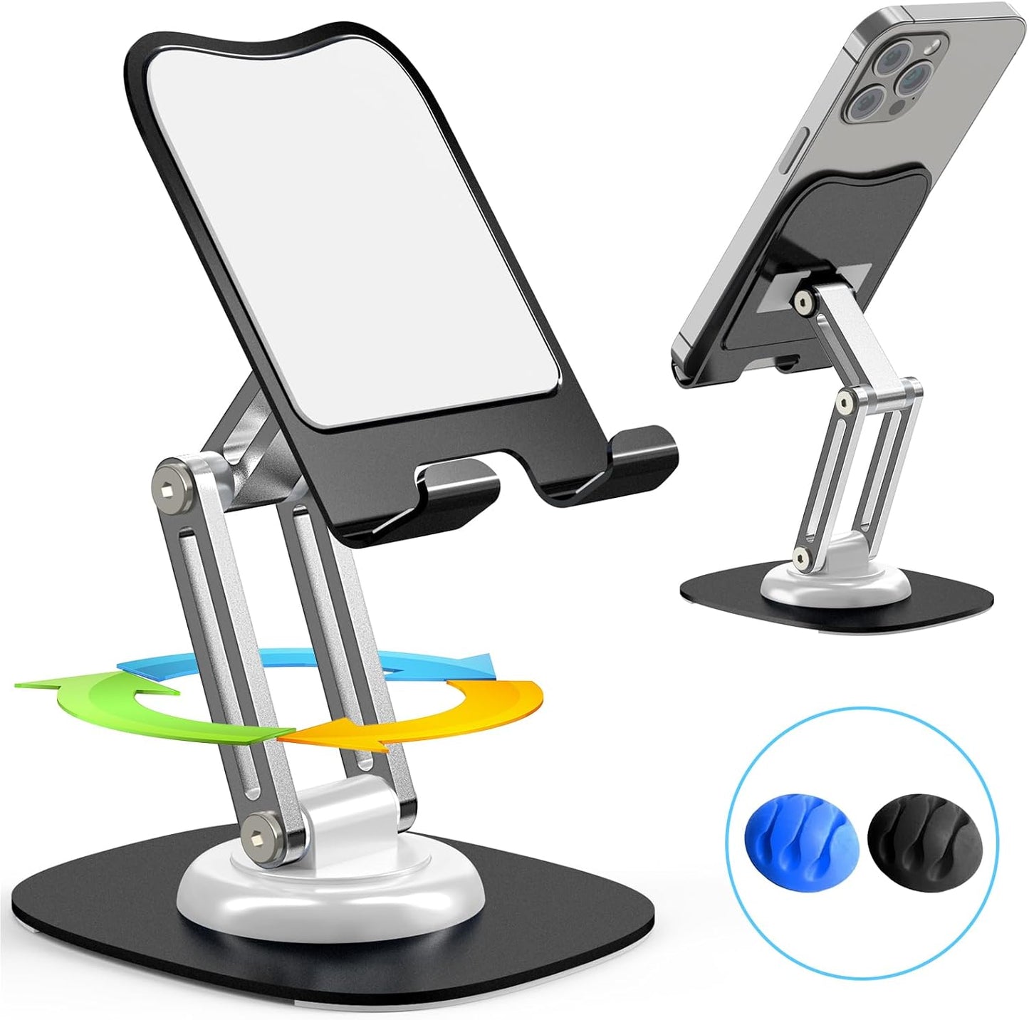 Metal Phone Stand for Desk, Adjustable Foldable Desktop Phone Holder, 360 Degree Rotating Cell Phone Stand for Recording Compatible with iPhone 17 16 15 14 13 12 11 Pro, Black