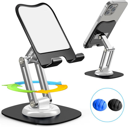 Metal Phone Stand for Desk, Adjustable Foldable Desktop Phone Holder, 360 Degree Rotating Cell Phone Stand for Recording Compatible with iPhone 17 16 15 14 13 12 11 Pro, Black