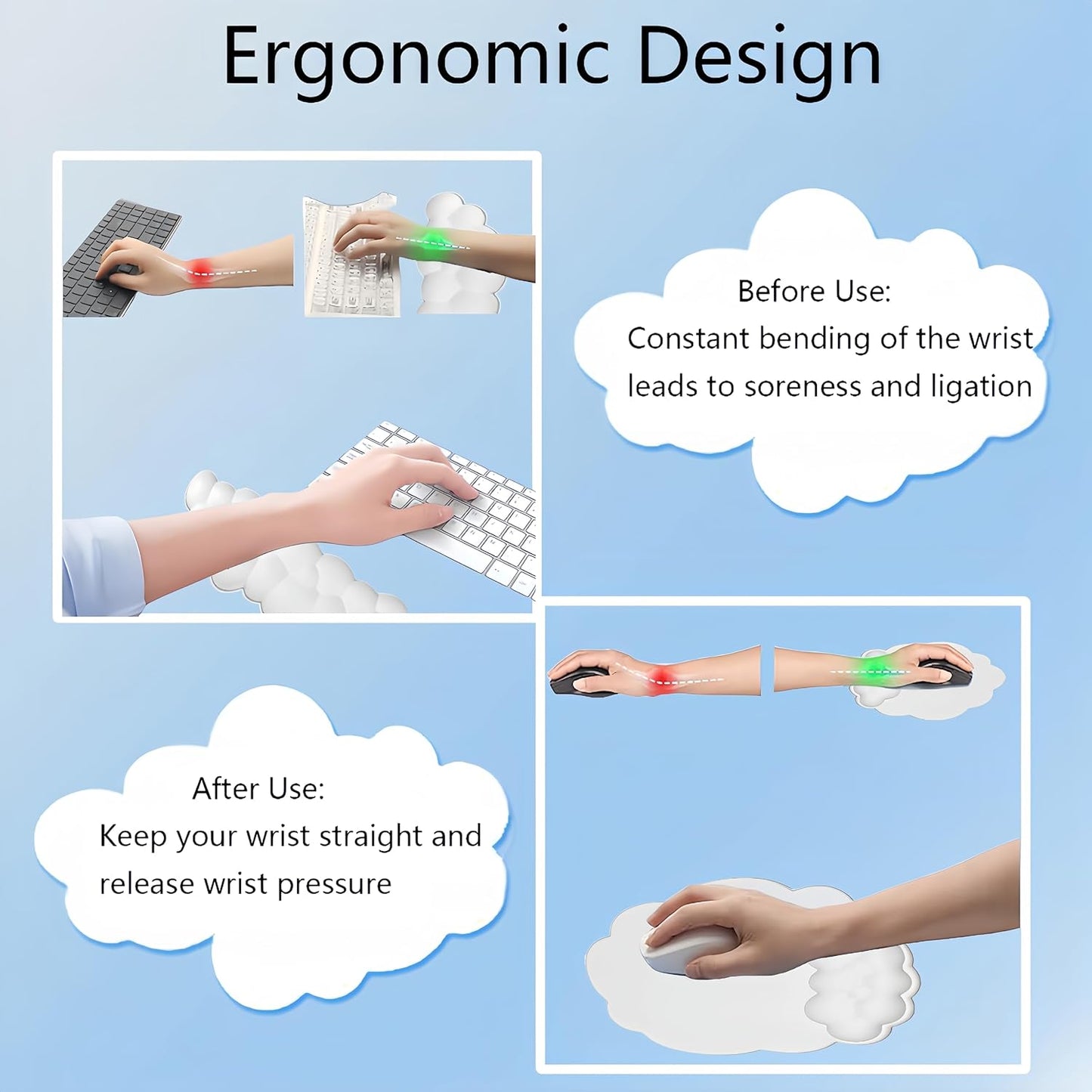 Cloud Wrist Rest Keyboard Pink Mouse Pad Set with Wrist Rest Ergonomic Wrist Pad Memory Foam Non-Slip Base Cute Gradient Wrist Support for Computer Laptop Gaming Home Office Relief Typing Pain