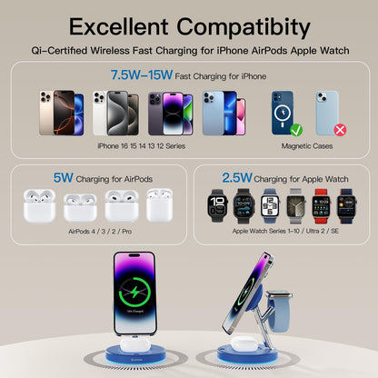 New 3 in 1 Charging Station for Apple Compatible with Magsafe Charger Stand for iPhone 17 16 15 14 13 12 Wireless Charging Station for AirPods Wireless Charger for iWatch Series