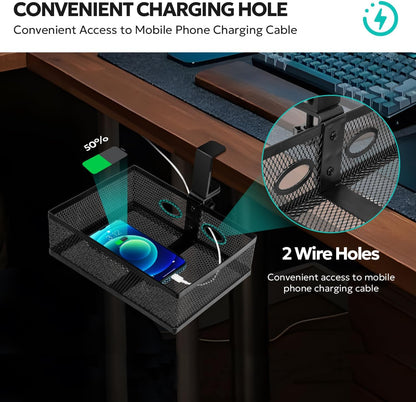 Under Desk Drawer Organizer Clamp On - 360° Swivel Metal Mesh Storage Basket, Hidden Rotating Desktop Tray for Standing Desk, Office Supplies & Gaming (No Drill, Black)