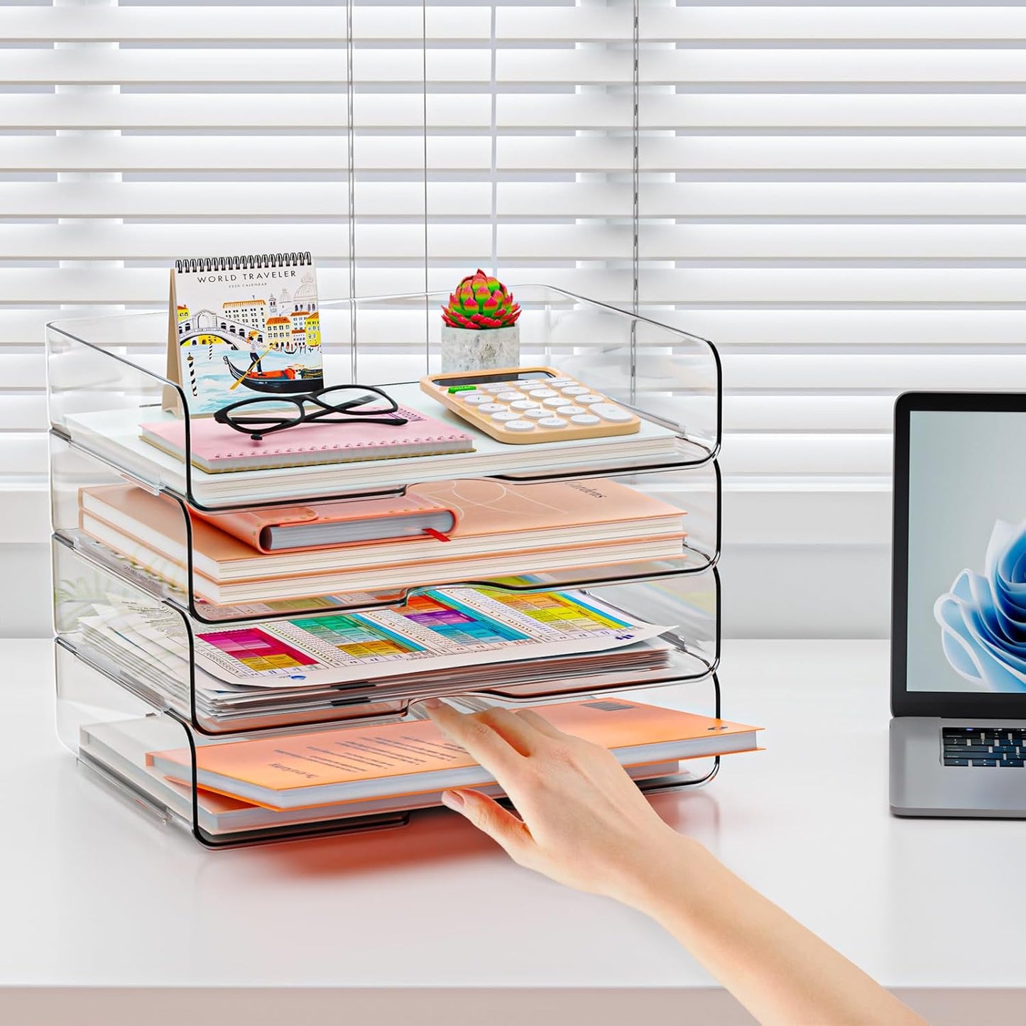 YKLSLH 4 Trays Paper Organizer Letter Tray - Acrylic Desk File Organizer, Stackable Clear Paper Holder Sorter Office Organizer for Letter/A4, Office File Ipad Books Notes Etc