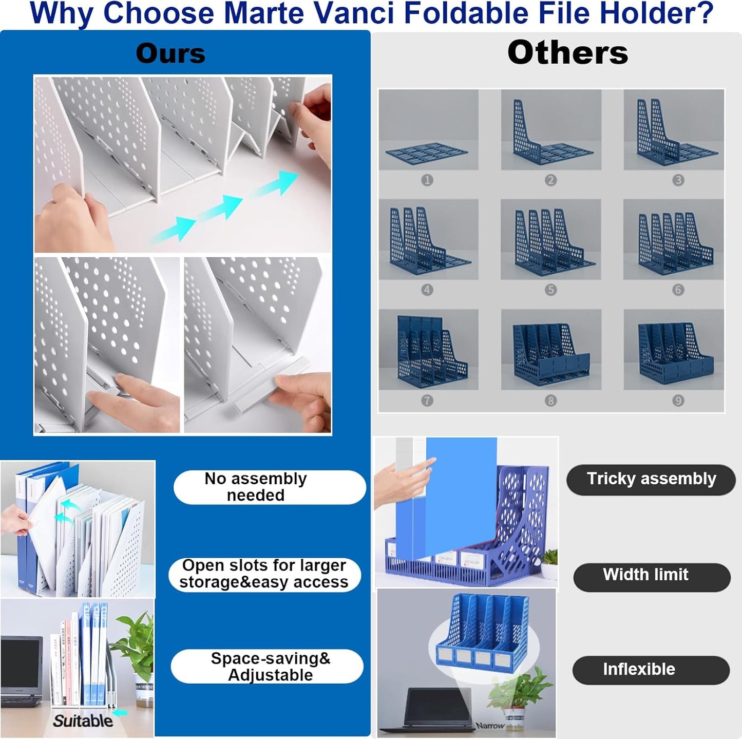 Marte Vanci Collapsible Magazine File Holder with 4 Vertical Compartments, Binder Holder for Desk, Desktop Binder Organizer for Notebook, Documents, Book, School Office Supplies(Black)