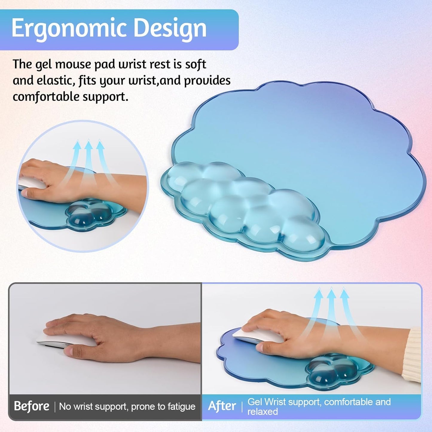 Gel Wrist Rest and Cloud Mouse Pad Support for Keyboard and Mouse - Ergonomic Pink Keyboard Wrist Pad Set for Typing Pain Relief/Computer/Laptop/Gaming/Home/Office (Cloud Shape, Gradient Blue Pink)