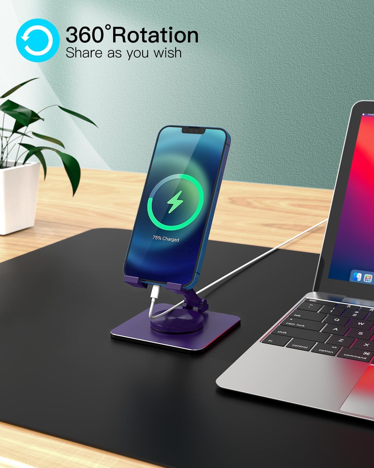 Cell Phone & Tablet Stand for Desk, Aluminum Adjustable Holder for iPhone, iPad & Smartphones || Foldable Mount with 360° Swivel, Stable Base & Portable Design for 4–9.7in Devices, Purple