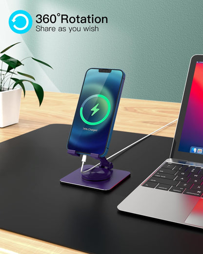 Cell Phone & Tablet Stand for Desk, Aluminum Adjustable Holder for iPhone, iPad & Smartphones || Foldable Mount with 360° Swivel, Stable Base & Portable Design for 4–9.7in Devices, Purple