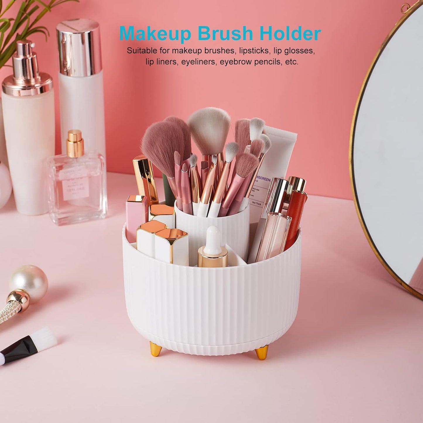 Desk Pencil Pen Holder, 5 Slots 360 Degree Rotating Pencil Pen Organizers for Desk Desktop Storage Stationery Supplies Organizer Cute Pen Cup for Office School Home Art Supply Cream Yellow