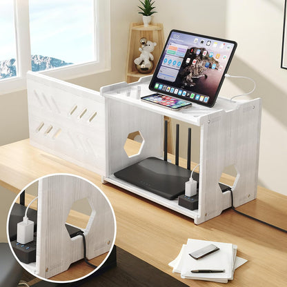 Solid Wood Projector Shelf Router Shelf Projector Stand Router Storage Box Router Cover Organized Modem Cable Power Strip Cable Management Hider Rack by Need Assembly (White)