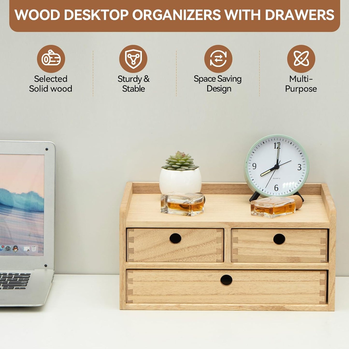 KIRIGEN Wooden Desktop Organizer Paper Storage Letter Tray File Sorter - Desk Rack Magazine File Dividers Holders for Home Office Accessories Wood Desk Cabinet with 3 Layer Trays Natural(3KWJG-NA)