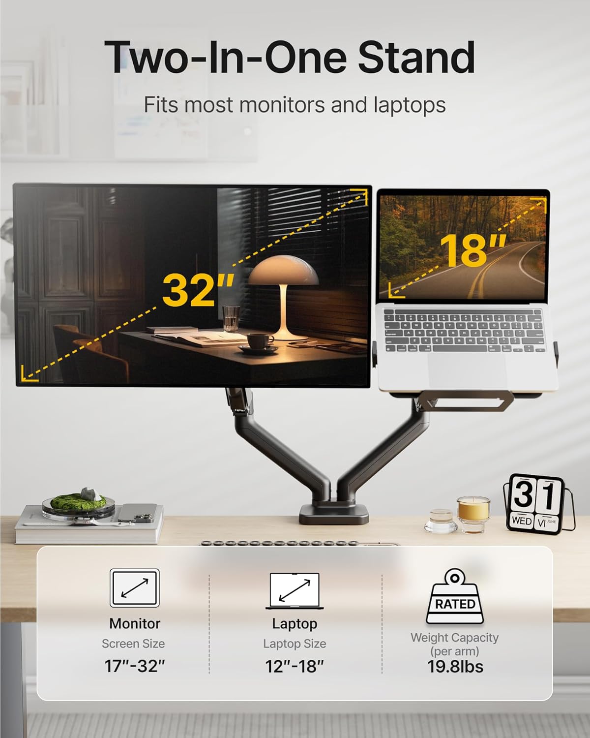 monTEK Laptop Arm Mount for Desk, 2-in-1 Monitor & Laptop Stand with Adjustable Laptop Tray, Fits Max 18" Notebook and 32" Screen, Aluminum Single Monitor Holder with VESA 75/100, Clamp/Grommet, Black