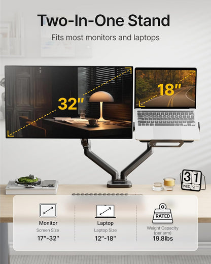 monTEK Laptop Arm Mount for Desk, 2-in-1 Monitor & Laptop Stand with Adjustable Laptop Tray, Fits Max 18" Notebook and 32" Screen, Aluminum Single Monitor Holder with VESA 75/100, Clamp/Grommet, Black