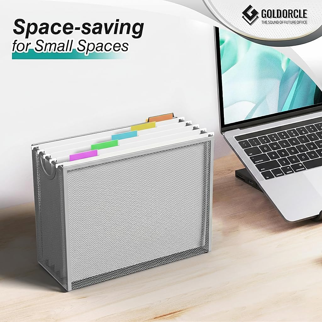 Hanging File Organizer, Letter-Size File Holder Filing Box with 5 Hanging Folders, Metal Mesh Desk File Folder Storage(No Assembly Required) (with 5 Grey Folders)