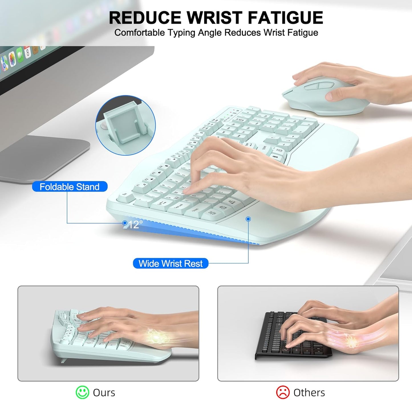 Wireless Keyboard and Mouse Combo, 2.4G Full Size Wave Keys Ergonomic Keyboard with Wrist Rest and 3-Level DPI Adjustable Wireless Ergonomic Mouse for Windows, Mac OS Desktop/Laptop/PC(Black)
