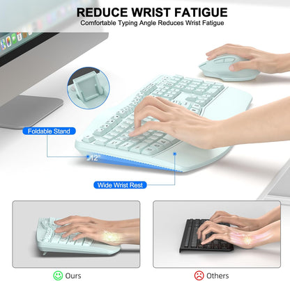 Wireless Keyboard and Mouse Combo, 2.4G Full Size Wave Keys Ergonomic Keyboard with Wrist Rest and 3-Level DPI Adjustable Wireless Ergonomic Mouse for Windows, Mac OS Desktop/Laptop/PC(Black)