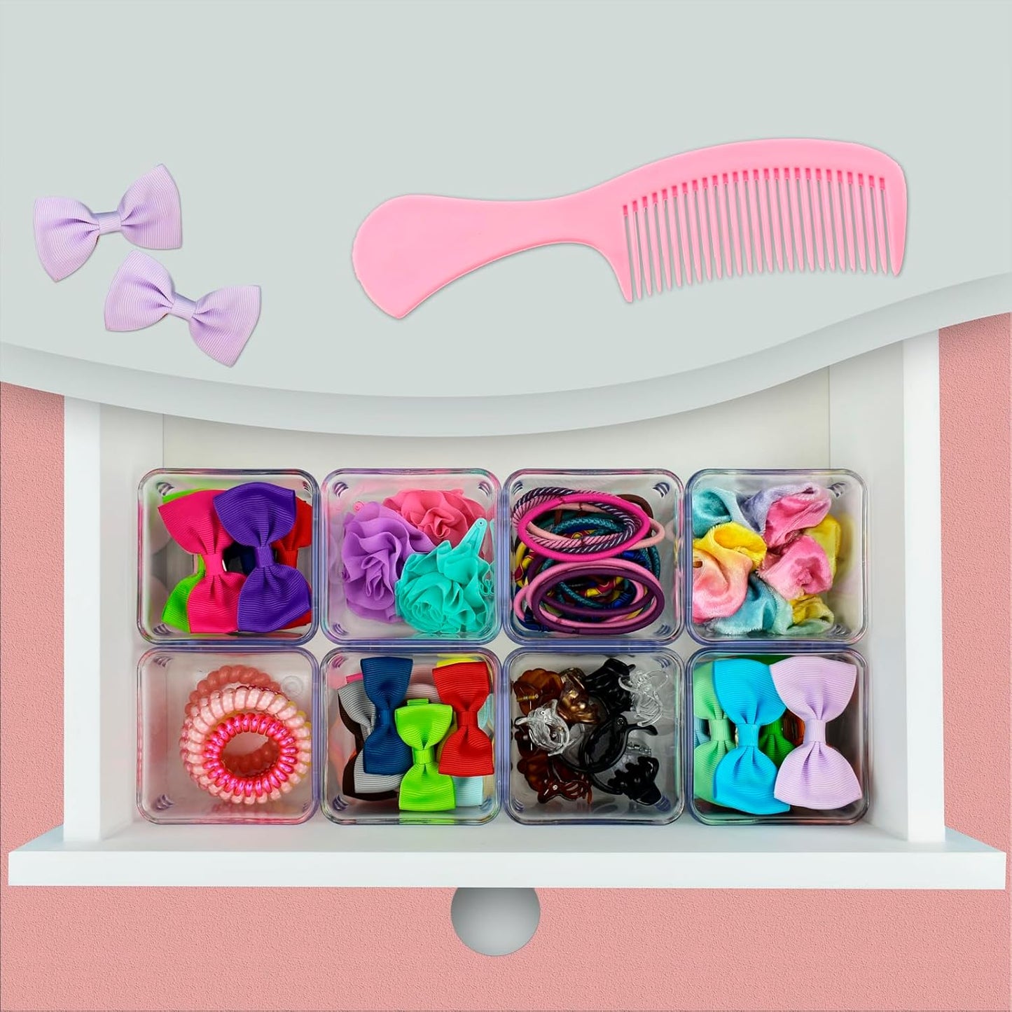 Acrimet 8-Pack Clear Plastic Drawer Organizer Set, Square Crystal Desk Drawer Trays and Dividers, Storage Bins for Office, Makeup, Kitchen, Bathroom and Junk Drawer