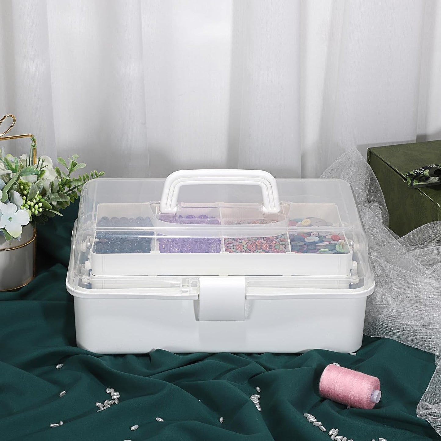 BTSKY 3-Layer Plastic Dividing Storage Box Craft Organizer and Storage with Adjustable Spacers Portable Handled Art Supply Organizer Multipurpose Home Utility Box for Medicine Sewing(Haze Green)