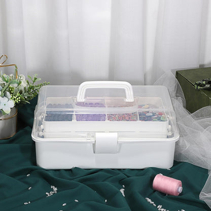 BTSKY 3-Layer Plastic Dividing Storage Box Craft Organizer and Storage with Adjustable Spacers Portable Handled Art Supply Organizer Multipurpose Home Utility Box for Medicine Sewing(Haze Green)