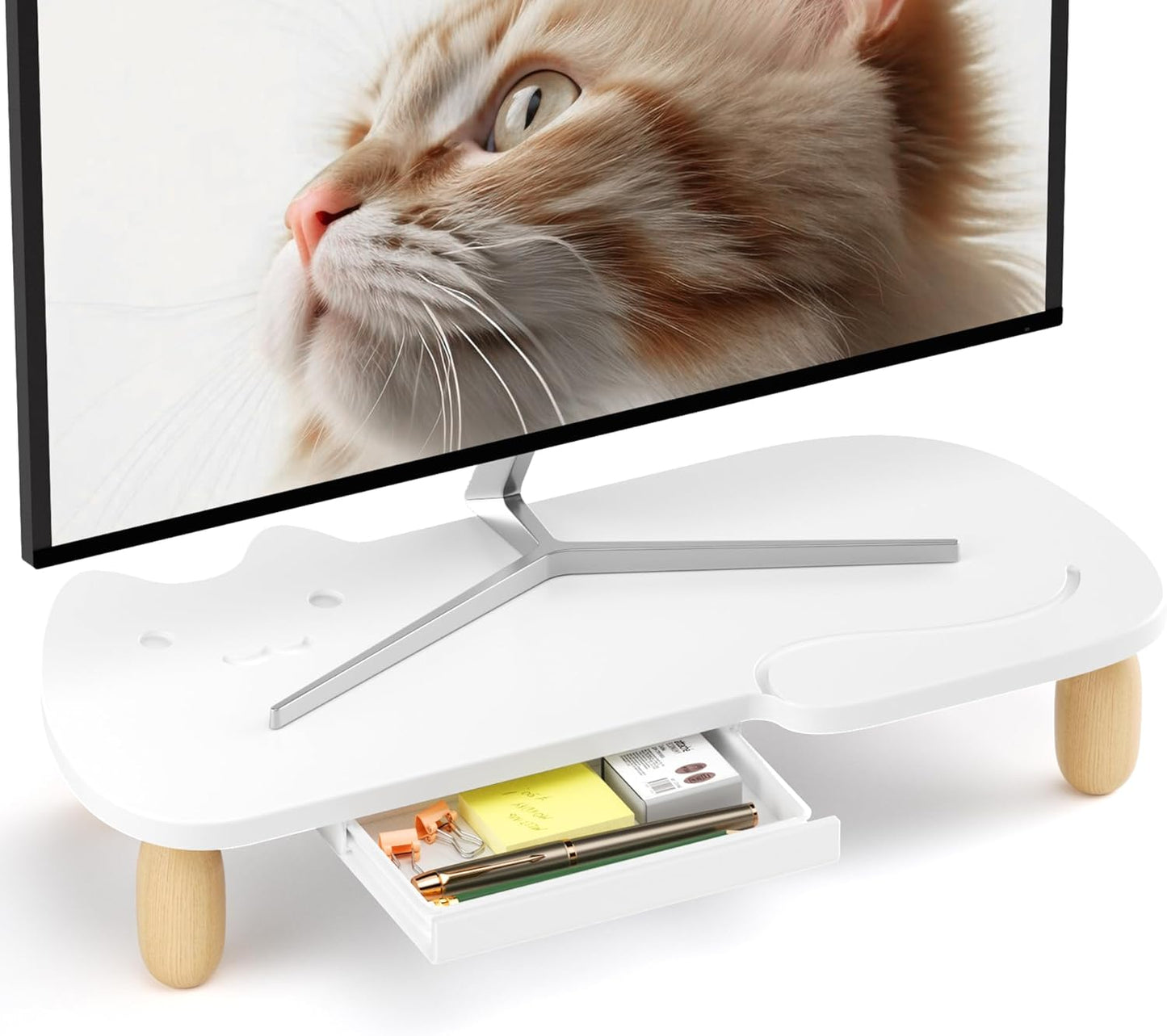 AFOOYO Monitor Stand Riser, Cookie-Shaped Sturdy Wood Computer Monitor Stand for Desk, Ergonomic Desk Stand, Multi-Purpose Desktop Organizer Riser for Computer, Laptop, Printer, TV,White
