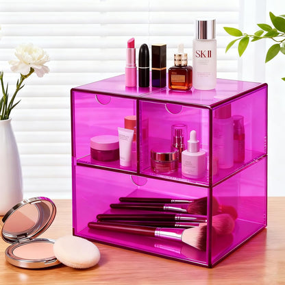 Gelite Desk Organizer with 3 Storage Drawers for Makeup Office Acrylic Desktop Drawer Organizer for Vanity Office Organization and Storage Box, Neon Pink