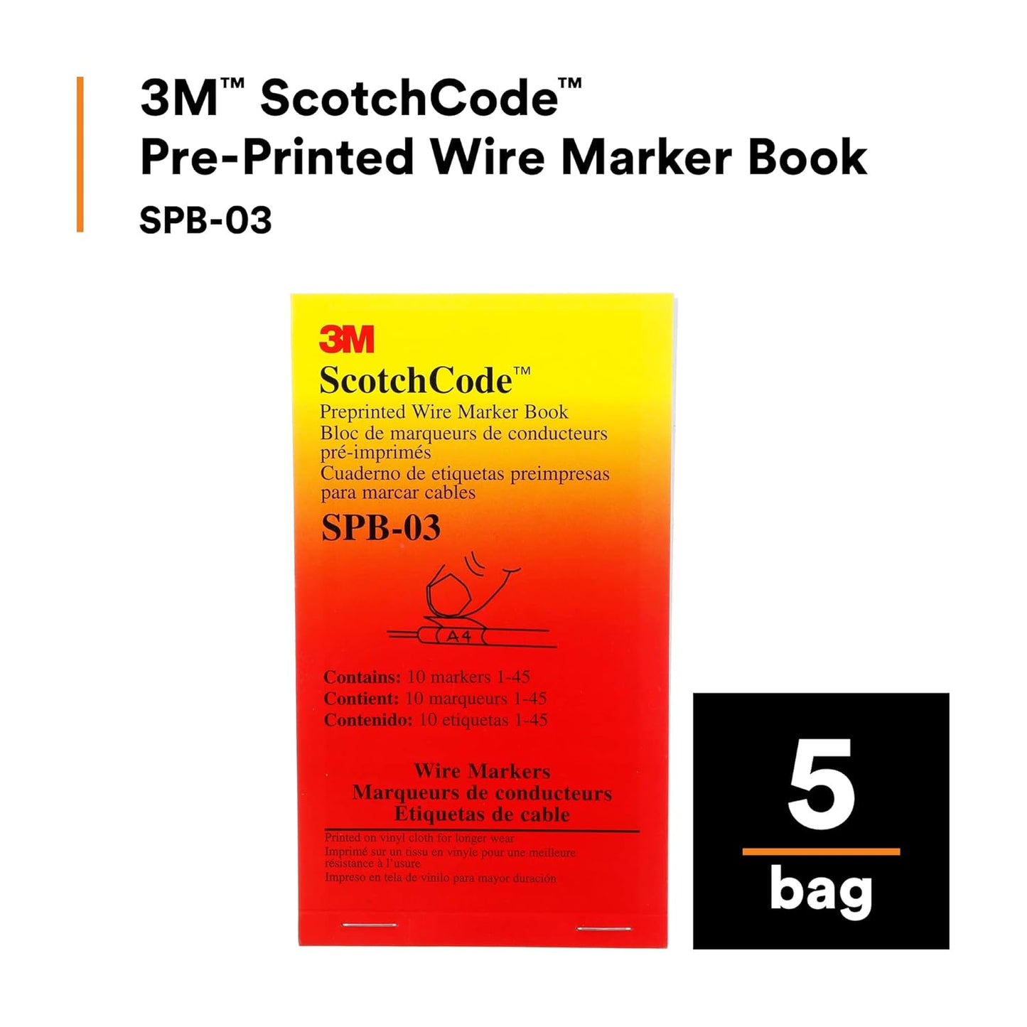3M ScotchCode Pre-Printed Wire Marker Book SPB-03, Vinyl Coated, Black Printed Numbers (10) each 1–45, White Background Highlights Characters, 1 Book