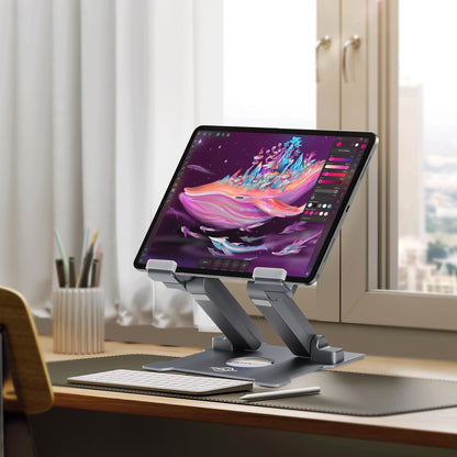 KABCON Quality Tablet Stand,Adjustable Foldable Eye-Level Aluminum Solid Up to 15-in Tablets Holder for Microsoft Surface Series Tablets,iPad Series,Samsung Galaxy Tabs,Amazon Kindle Fire,Etc.Silver