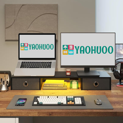 YAOHUOO Dual Monitor Stand with LED Light 2 Drawers, Computer Monitor Riser for 2 Monitors, Large Desktop Organzier with Storage for PC/Laptop/Computer/TV Screen/Printer