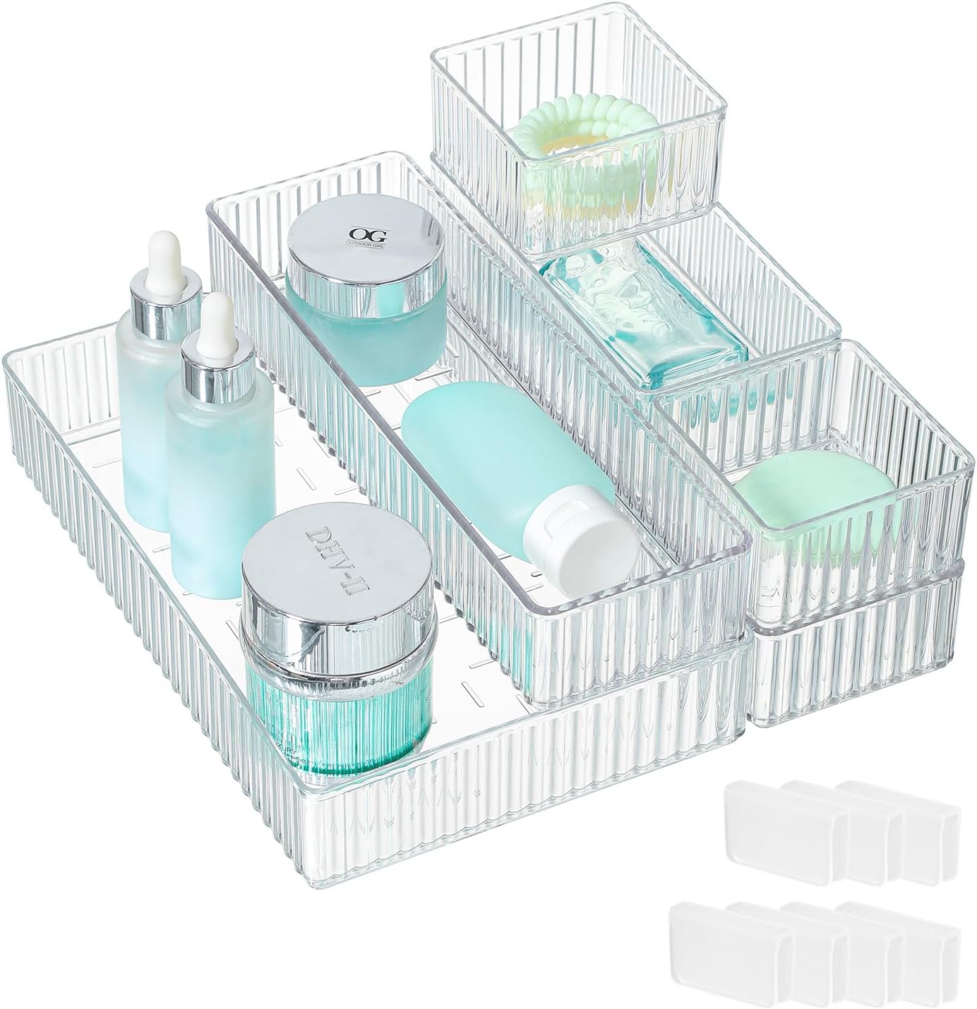 7 PCS Clear Drawer Organizer Bins, 4 Sizes with 7 Connector Clips, Stackable Makeup Vanity Organizer Trays for Bathroom Drawers, Cosmetics, Office Supplies, Kitchen Utensils & Gadgets