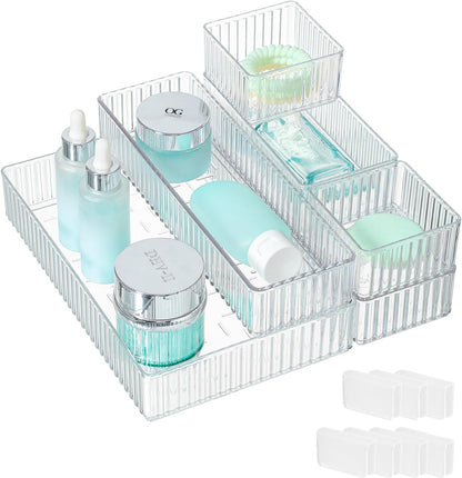 7 PCS Clear Drawer Organizer Bins, 4 Sizes with 7 Connector Clips, Stackable Makeup Vanity Organizer Trays for Bathroom Drawers, Cosmetics, Office Supplies, Kitchen Utensils & Gadgets