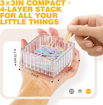 Clear Stackable Desk Organizer & Paper Clip Holder, 4 Pack - Small Desktop & Drawer Organizers for Paperclips, Binder Clips, Hair Ties, Jewelry, Pins, Multi-Purpose Storage for Office, Home & School