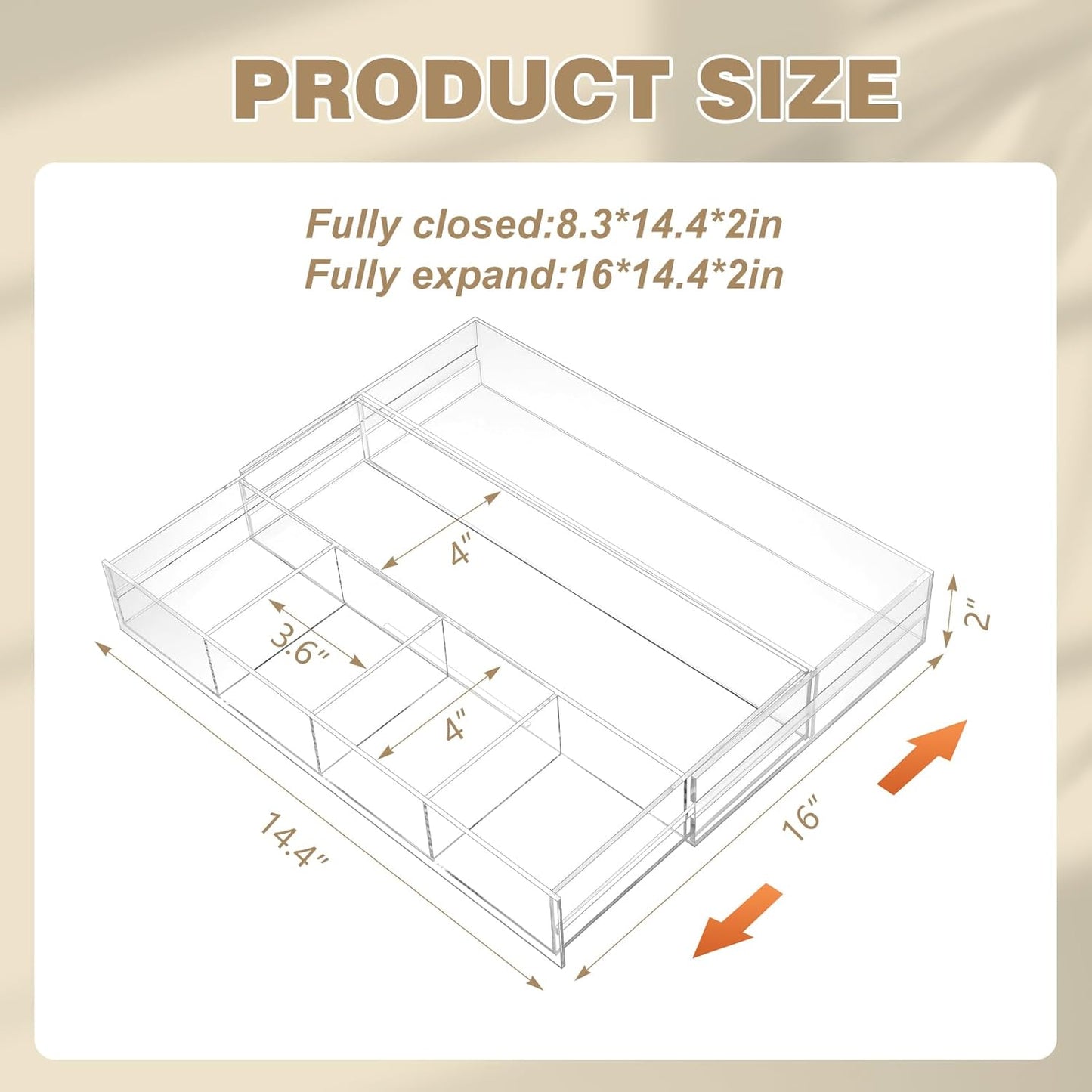 Briwooody 1 Pcs Acrylic Desk Drawer Organizer 9'' up to 16'' x 12'' x 2.2'' Expandable Drawer Organizer Trays with 10 Adjustable Compartments Clear Desk Accessories for Makeup Office Bathroom