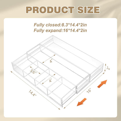Briwooody 1 Pcs Acrylic Desk Drawer Organizer 9'' up to 16'' x 12'' x 2.2'' Expandable Drawer Organizer Trays with 10 Adjustable Compartments Clear Desk Accessories for Makeup Office Bathroom