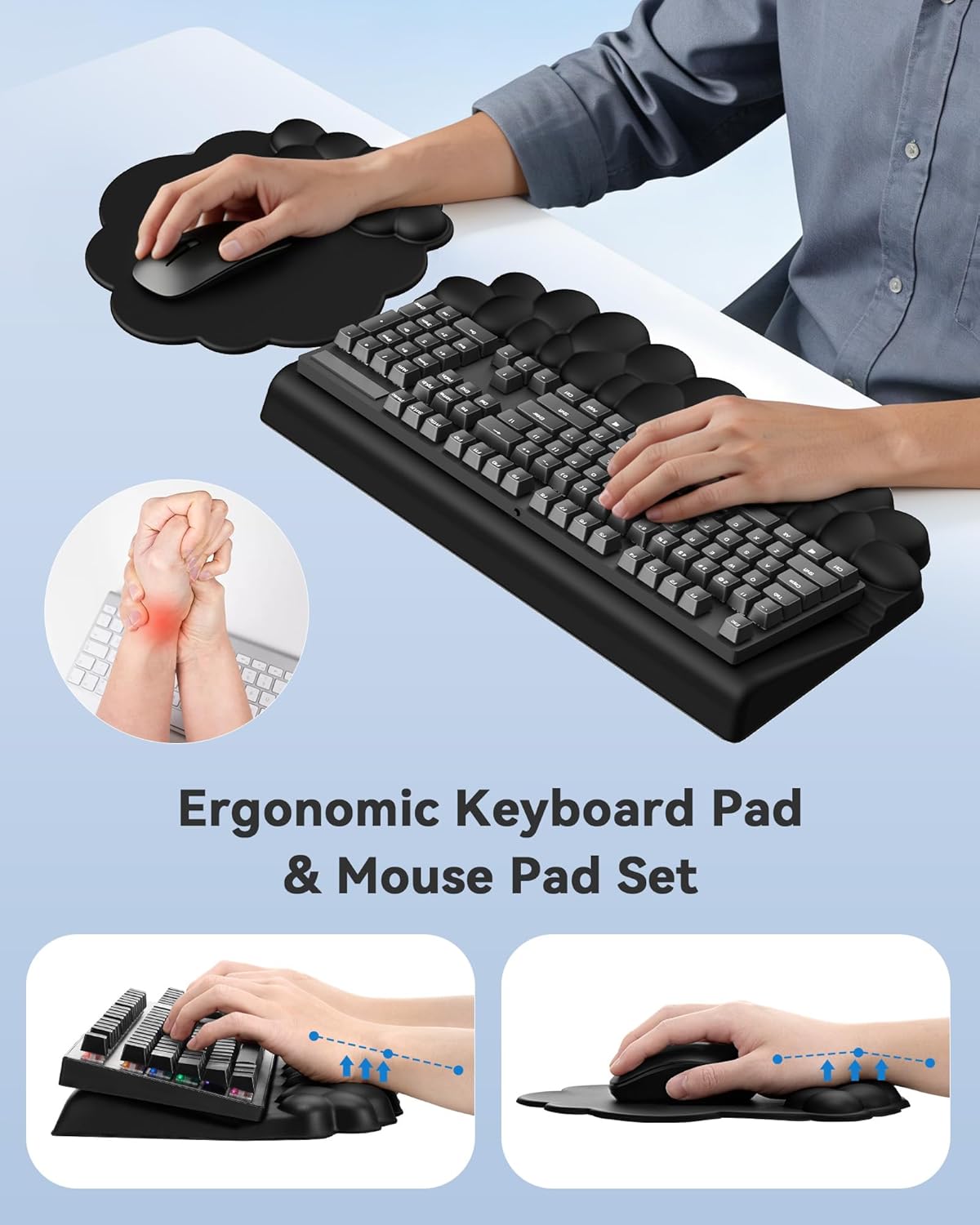 Laborio Cloud Wrist Rest for Keyboard and Mouse for Desktop, PU Leather Cloud Computer Keyboard Stand with Mouse Pad, Key Board Wrist Support Riser, Angle Adjustable Arm Rest(Black)